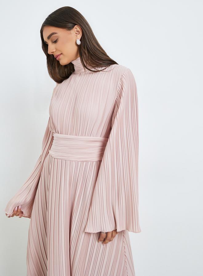 Women Pink Peated Bell Sleeves A-Line Midi Dress